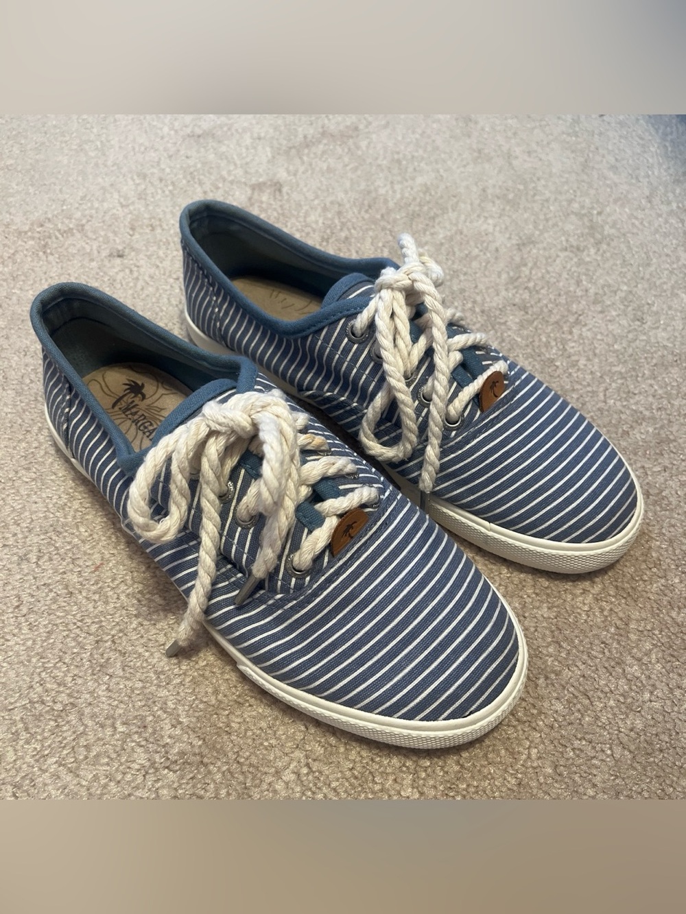 Margaritaville Striped Blue Canvas Boat Shoes with Rope Laces